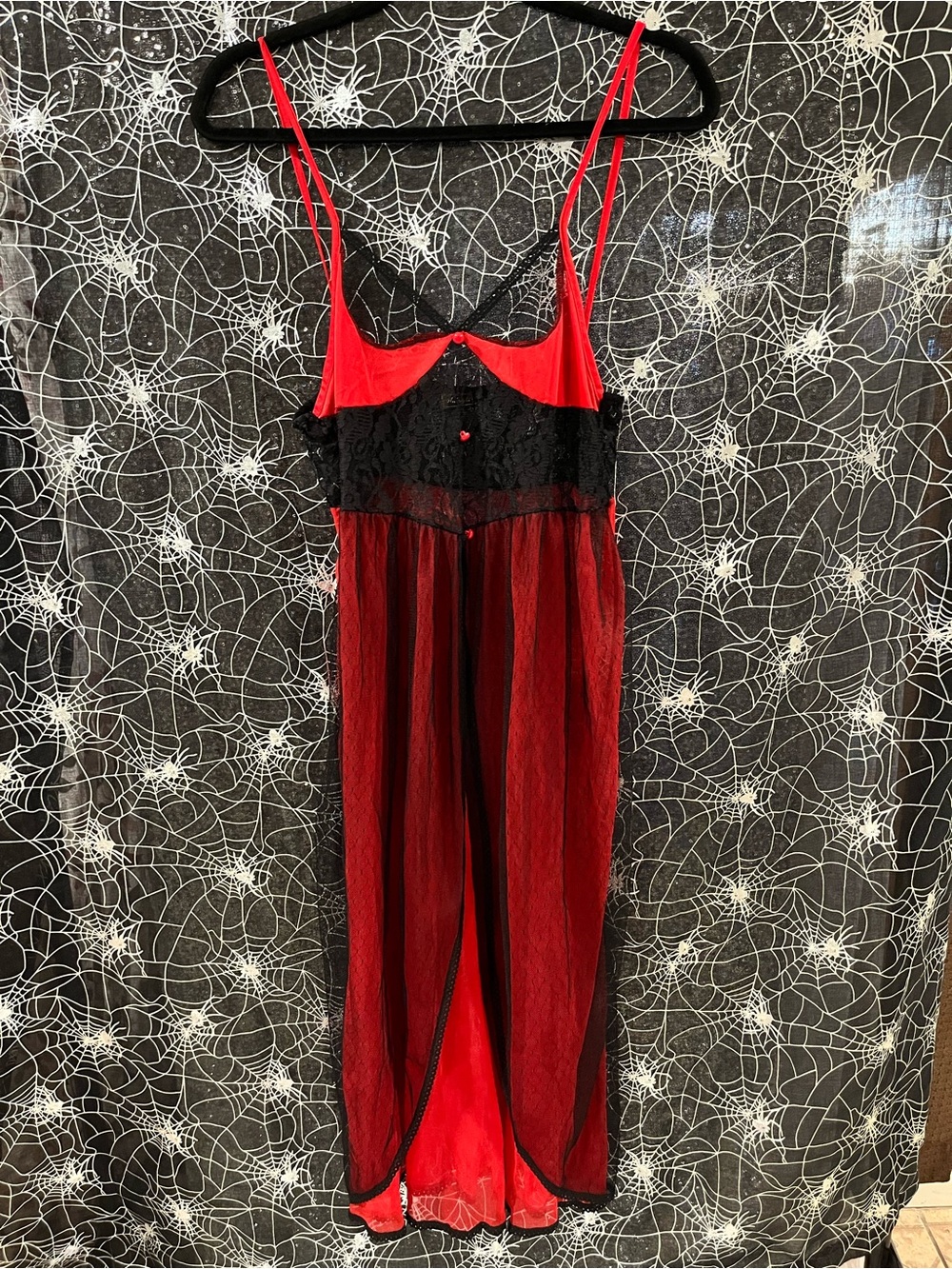 Red and Black Sheer Lace Nightgown Chemise